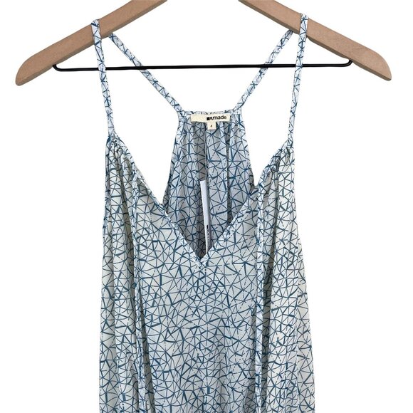 LA Made ivory blue geometric print Gigi blouson chiffon sleeveless romper small - Picture 6 of 12